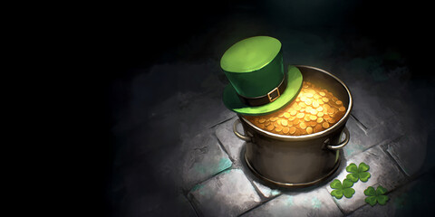 a cauldron of gold coins in the background of the dungeon. Banner for St. Patrick's Day. Place for text