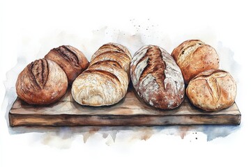 Wall Mural - Freshly baked artisanal bread displayed on a wooden board in a rustic setting