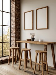 Wall Mural - Cozy Industrial Style Dining Space with Wooden Bar Table and Empty Frames on Wall