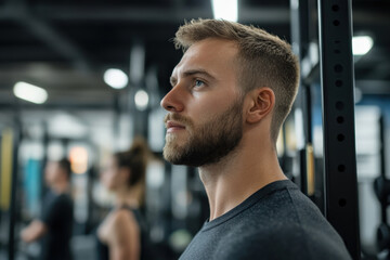 A man with a beard and a shirt on is looking at the camera