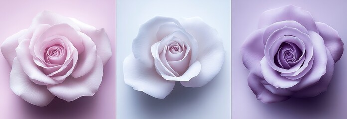 Poster - Three roses in varying shades of purple, white, and light pink, each with a subtle textured appearance, are presented against a matching pastel