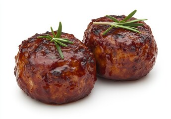 Sticker - Two grilled meat patties, glazed with a rich brown sauce, and garnished with fresh rosemary sprigs. Isolated on a white background