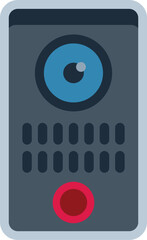 Poster - smart doorbell camera with a red button and a blue lens is providing home security with video survei
