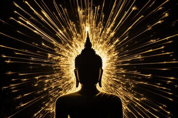 Wall Mural - A silhouette of Buddha in the center, radiating rays like fireworks on a black background. 