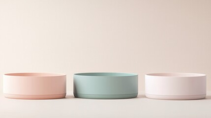 Wall Mural - Three bowls of different colors are arranged on a white background