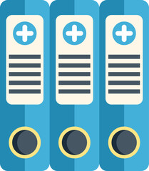 Poster - three blue medical files containing patient data and medical records are standing in a row