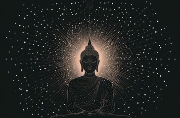 Wall Mural - A silhouette of Buddha in the center, radiating rays like fireworks on a black background. 