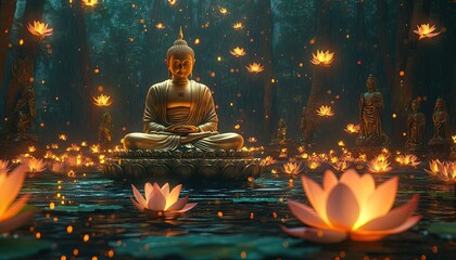 Wall Mural - A Buddha statue sits amidst lotus flowers, with a fantasy forest as the background. Glowing fireflies and floating water lilies create a serene