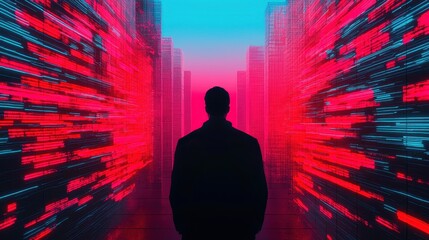 Poster - A silhouette of a person stands against a vibrant, futuristic cityscape with red and blue lights, creating a sense of depth and digital ambiance.