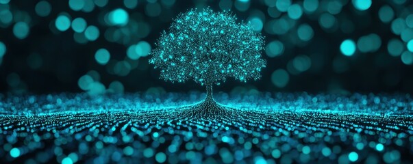 Poster - A luminous, digital tree emerges from a sea of glowing particles, creating a mesmerizing, futuristic landscape.