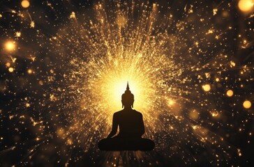 Wall Mural - ilhouette of Buddha inside radiating fireworks, dark background