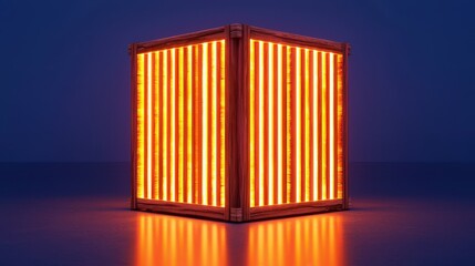 Poster - A glowing, cube-shaped object with vertical orange stripes against a dark background, creating a striking visual effect.