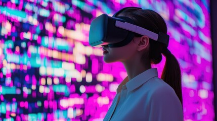 Poster - A woman wearing a VR headset stands against a colorful, digital background, immersed in a virtual reality experience.