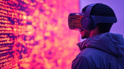 Poster - A person wearing a VR headset is immersed in a vibrant, digital environment filled with colorful data patterns.