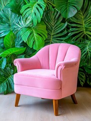 Wall Mural - Elegant Pink Velvet Chair Surrounded by Lush Green Tropical Leaves in Modern Interior Design Setting