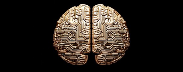 Poster - A metallic brain design with intricate circuit patterns against a black background, symbolizing the fusion of technology and neuroscience.