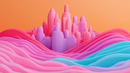 Poster - A vibrant, abstract landscape featuring colorful, wave-like forms and towering peaks in shades of pink and blue against a warm orange background.