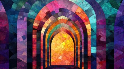 Poster - A vibrant, abstract depiction of colorful arches leading to a glowing light, creating a sense of depth and inviting exploration.