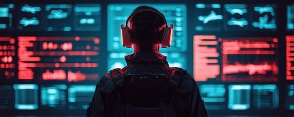 Poster - A person wearing headphones stands before a wall of digital screens displaying colorful data and visuals, creating a futuristic, tech-savvy atmosphere.