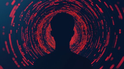 Poster - A silhouette of a person against a swirling red and blue digital background, symbolizing technology and data.