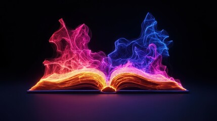 Poster - An open book emits vibrant, colorful wisps of light, blending shades of pink and blue against a dark backdrop, symbolizing creativity and imagination.