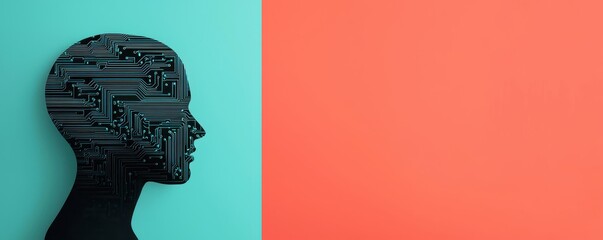 Poster - A silhouette of a head filled with circuitry contrasts against a vibrant background, representing the fusion of technology and human identity.