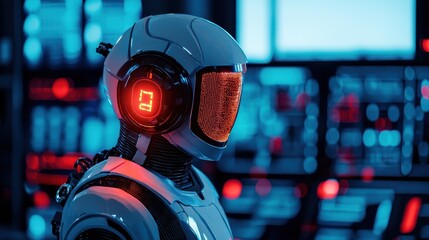 Poster - A futuristic robot with a glowing helmet stands in a high-tech environment filled with screens, showcasing a blend of blue and red lighting.