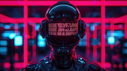 Poster - A futuristic humanoid robot with a digital display face stands against a neon-lit background, evoking themes of technology and artificial intelligence.