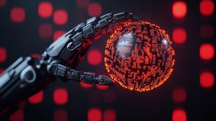 Poster - A robotic hand holds a glowing orb composed of intricate patterns against a backdrop of red lights, symbolizing advanced technology and artificial intelligence.