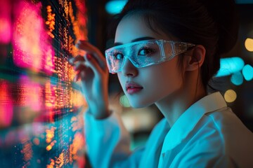 Aufkleber - Young woman in high-tech glasses analyzing data on a digital display in a modern laboratory setting during evening hours