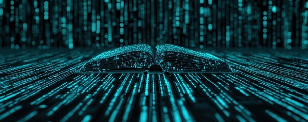 Poster - An open book glows amidst flowing binary code, symbolizing the fusion of knowledge and technology.