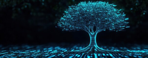 Poster - A glowing digital tree stands against a dark background, symbolizing the intersection of nature and technology with shimmering blue light effects.