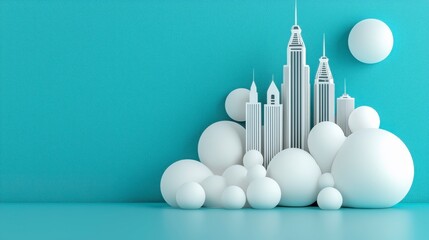 Poster - Abstract cityscape with white buildings and spheres on a bright aqua background for modern design concepts