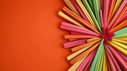 Poster - Colorful Arrangement of Vibrant Straws on a Bright Orange Background for Fun and Playful Imagery