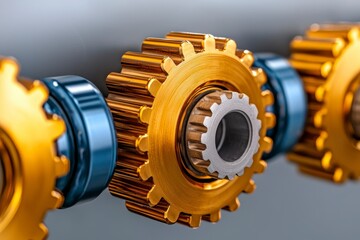 Poster - Detailed Close-Up of Golden Gears with Metallic Finish and Smooth Rotation Mechanics in Industrial Design