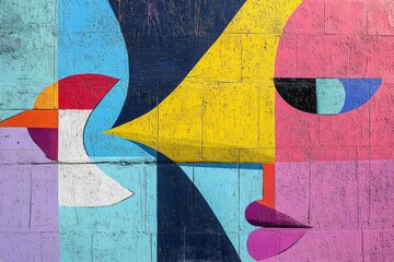 Poster - Vibrant mural featuring abstract human and bird faces against a colorful background in an urban setting