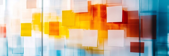 Aufkleber - Abstract background showcasing colorful sticky notes on a transparent surface, representing business ideas, brainstorming, and innovative concepts in a modern office environment