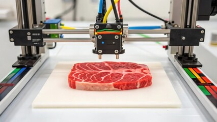 Poster - Automated robotic arm creating a meat product using 3d bioprinting technology in a modern food science laboratory, showcasing innovation in food production
