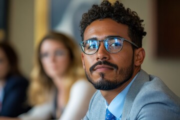 Aufkleber - Young professional engaged in discussion during a corporate meeting in a modern office setting