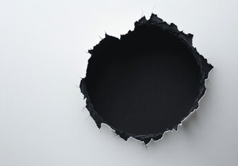 Wall Mural - Black hole on a white paper with a ripped edge against a pure background, top view.