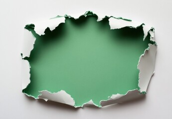 Wall Mural - Green square hole on a white paper with a ripped edge against a pure background, top view.