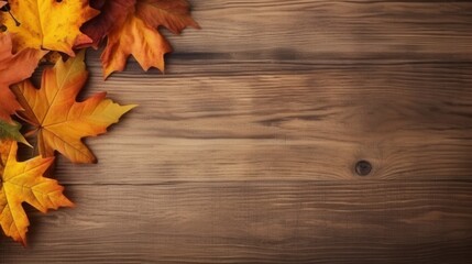 Poster - Autumn Leaves on Old Wooden Surface Creating a Warm, Chaotic Aesthetic in a Soft Natural Environment