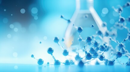 Poster - Abstract Representation of Chemical Molecules on Light Blue Background with Blurred Laboratory Equipment in Image Capturing Science and Research Aesthetics