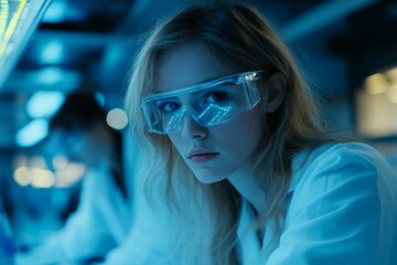 Aufkleber - Young scientist focused on research in a high-tech laboratory environment during nighttime