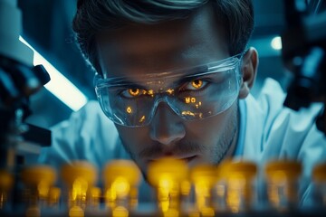 Aufkleber - Scientist examines small vials filled with glowing liquid in a laboratory setting during research activities