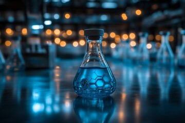 Leinwandbilder - Colorful laboratory flask with blue liquid illuminated by ambient lights in a modern research facility