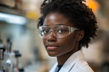 Aufkleber - Young scientist working diligently in laboratory while wearing protective gear and focused on experiment