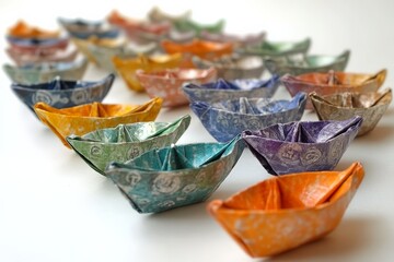 Poster - Colorful origami boats arranged in a varied pattern on a white surface