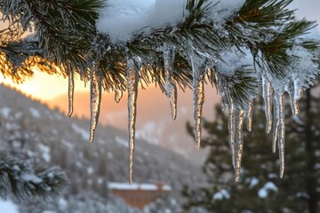 Wall Mural - winter wonderland landscape with snow-laden evergreen branches, crystalline icicles catching golden 