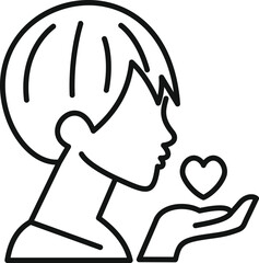 Poster - Line art drawing of a woman blowing a kiss, with a heart shaped icon floating above her hand, symbolizing love and affection